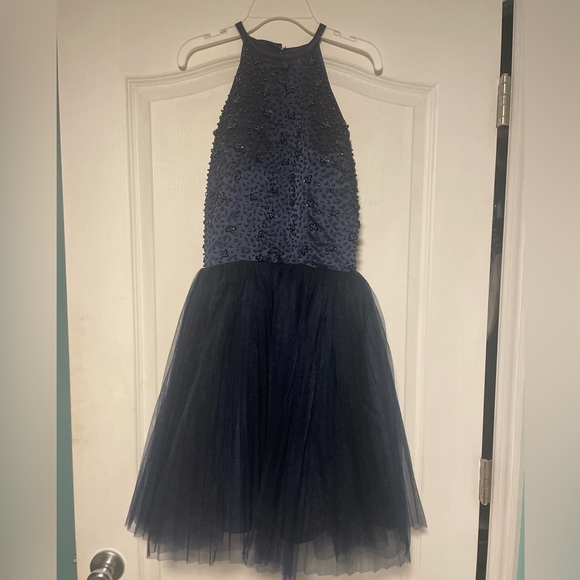 Dresses & Skirts - Anya Navy Blue High Neck Cut Out Back Beaded Top Tulle Skirt Short Formal Dress